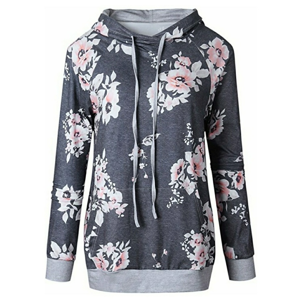 Floral Printed Drawstring Sweatshirt With Pocket - Picture 3 of 3